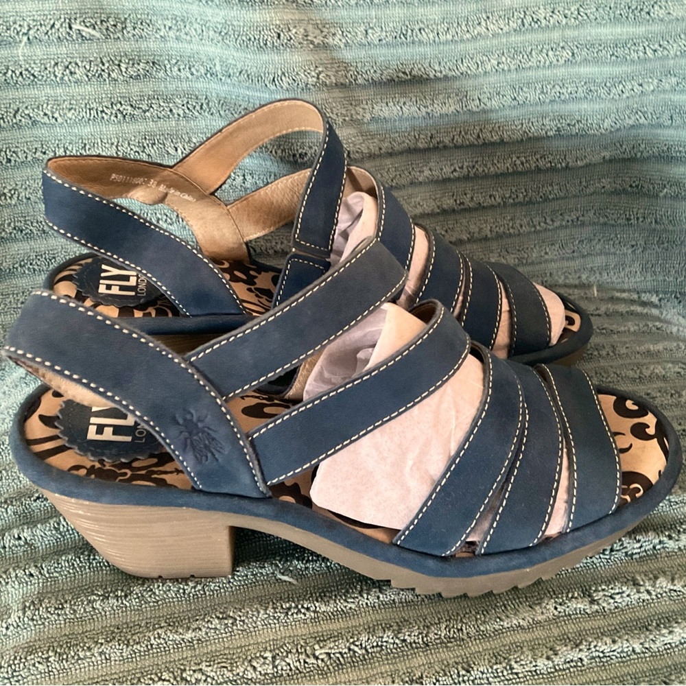 Fly London Blue Woze 118 Nubuck Strappy Heels Sandals 38 7 - 7.5 euc